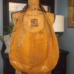 HOBO Leather Mustard and Tan Reptile Snake Print Hobo Handbag
